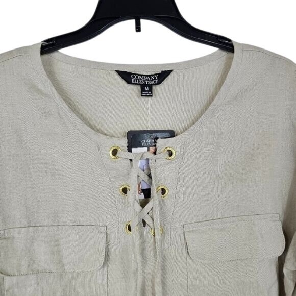 Ellen Tracy Linen High Low Tunic M Beige Lace-Up Relaxed Beachy Coastal Grandma - Picture 3 of 9